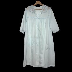 Vintage Sears blue button up house dress with floral lace collar size M 36